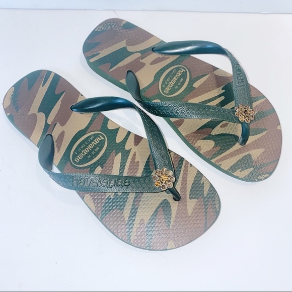 Havaiana’s Green Camo Flip Flops Crystal Adorned EUR 37/8 US 4/5 Pool beach - Picture 9 of 9